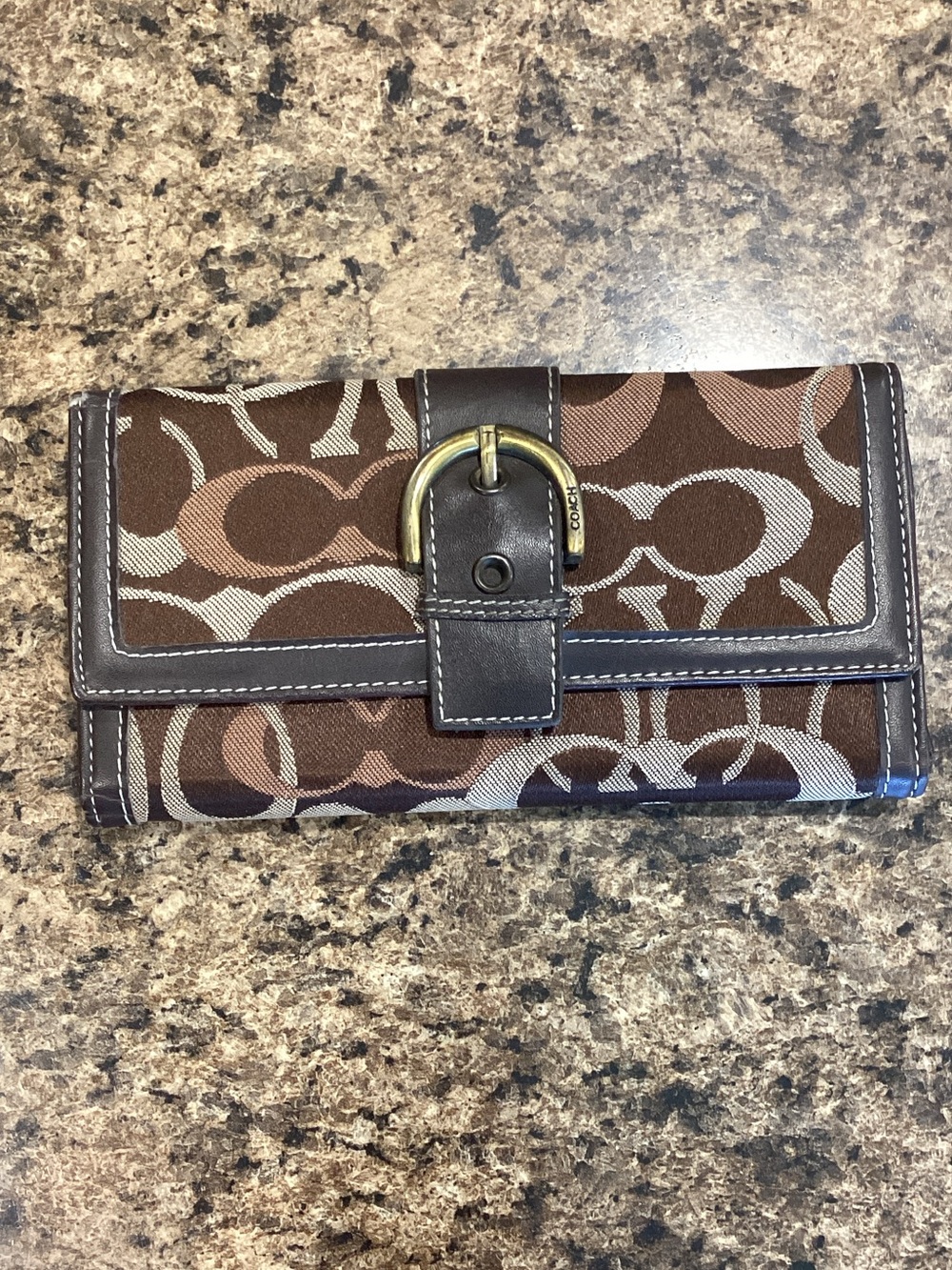Coach Brown Signature Canvas Wallet with Brass Buckle